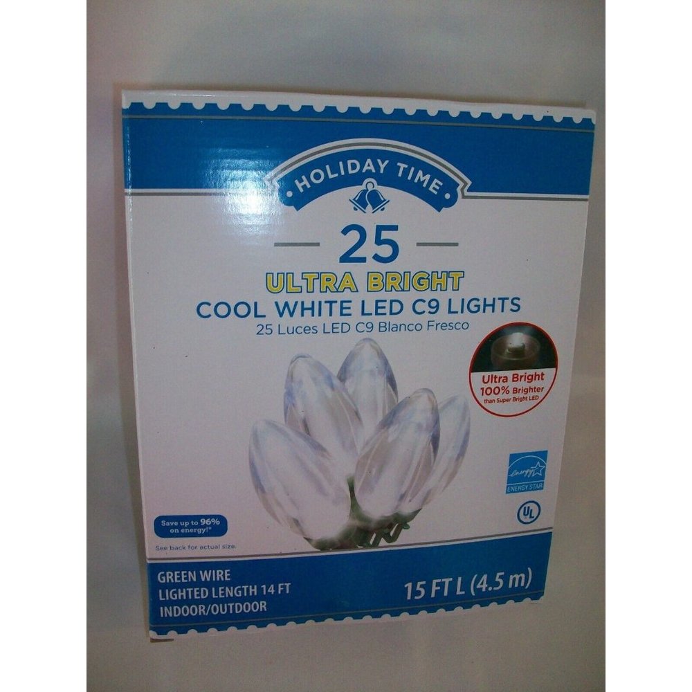 Holiday Time 25 Ultra Bright LED C9 Bulb Christmas Lights Warm White 15' New